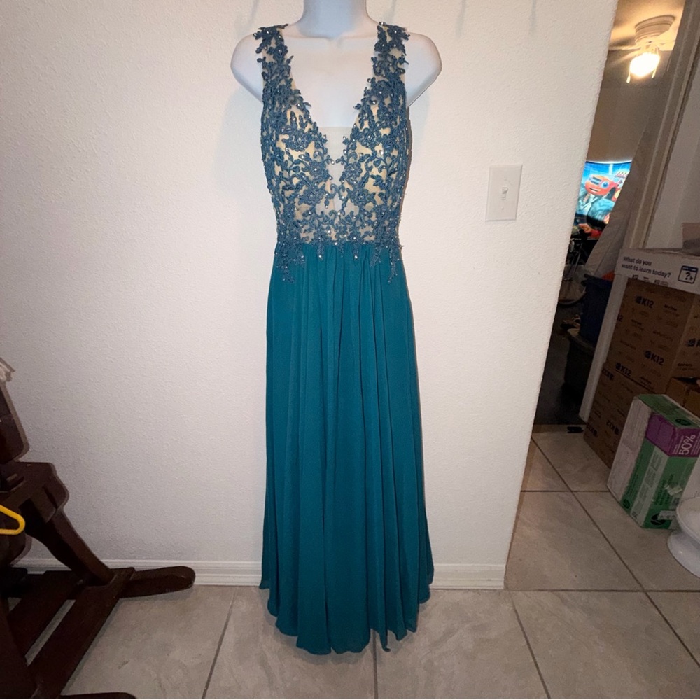 JJs House Teal Backless Dress with Floral Lace